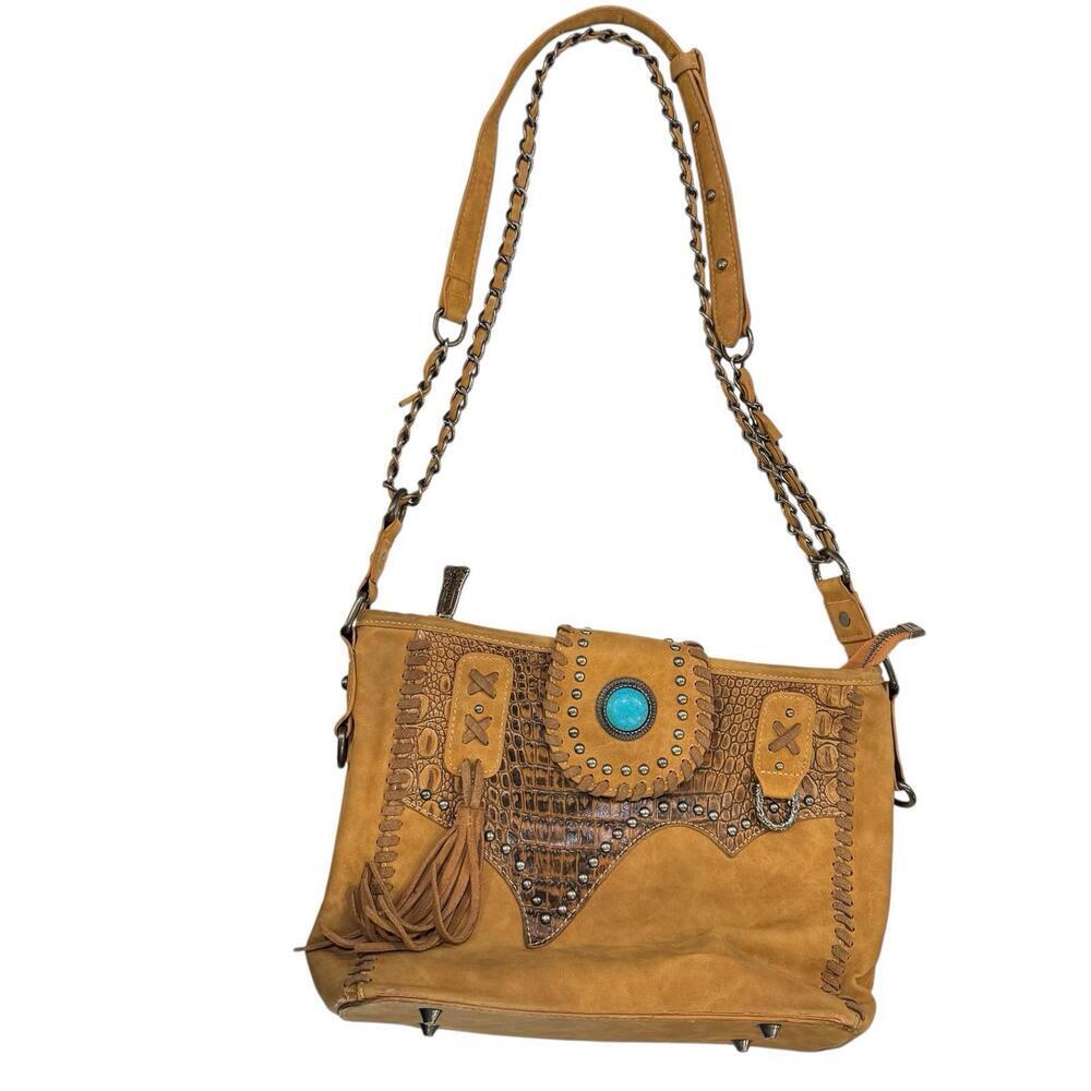 Trinity Ranch Tooled Collection Embossed Carmel Color Concealed Carry Purse